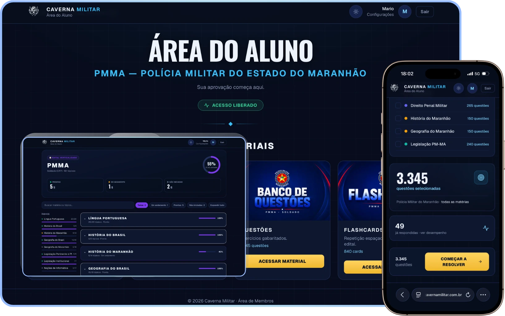 Plataforma de Treinamento PMPE aberta no computador e no celular